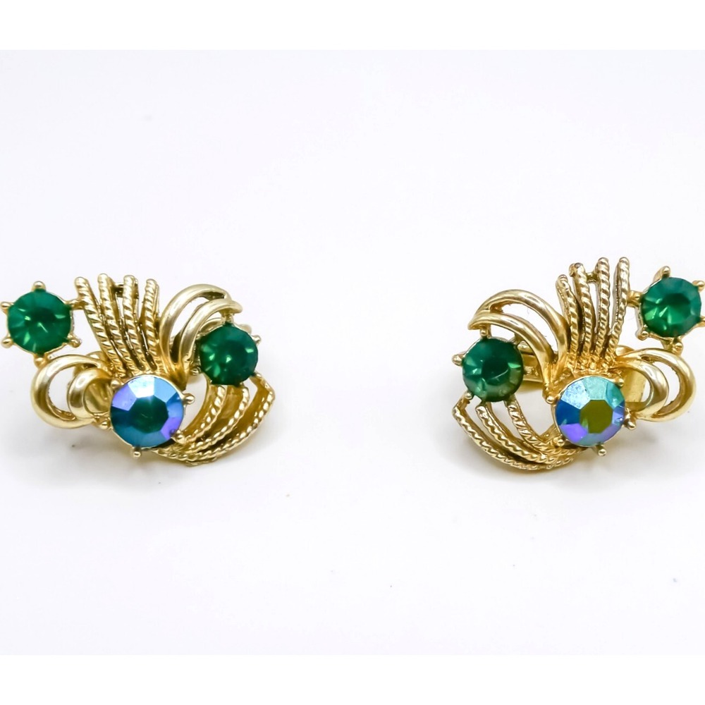 Coro Green Blue AB Earrings Goldtone Clip On Filgaree Metalwork Signed